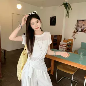 Áo thun trắng tay ngắn lười biếng có dây buộc thiết kế mùa hè mới mỏng hơi trong suốt Top Loose Laced-Up Kem chống nắng