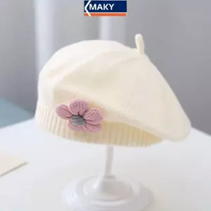 MAKY Hoa Bé Mũ Nồi Mũ Mùa Đông Ấm Áp Dệt Kim Mũ Bò Cho Trẻ Sơ Sinh Bé Gái Hàn Quốc Tập Đi Công Chúa Nghệ Sĩ Màu Trơn Mũ Họa Sĩ VN