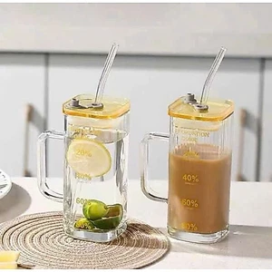 Ly Cốc Thuỷ Tinh 340ML Có Tay Cầm Kèm Lắp Đậy Kèm Ống Hút