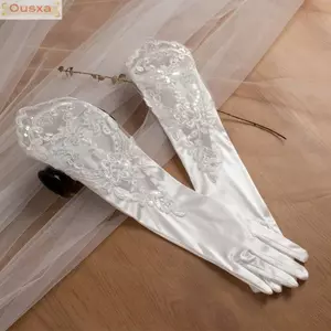 Găng tay dự tiệc OUSXA Christmals, Găng tay cô dâu ren Satin dài thổi, Tiệc cưới Găng tay cưới ren trắng