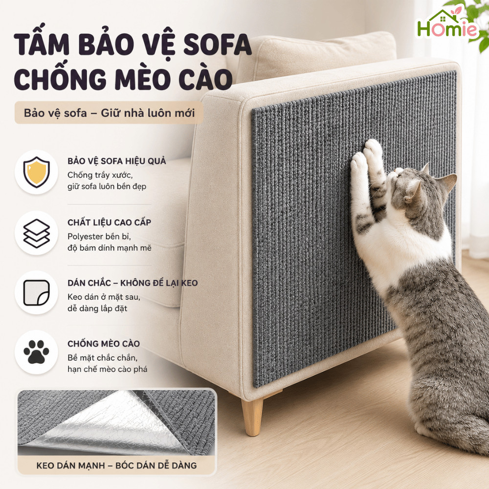 Miếng Dán Chống Mèo Cào Sofa HOMIE, Thảm Đa Năng Bảo Vệ Ghế, Chống Trầy Xước Nội Thất, Dễ Sử Dụng