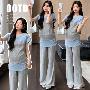 Bộ đồ bà bầu Áo khâu sọc mùa hè + Bộ hai mảnh quần ống rộng dáng rộng
