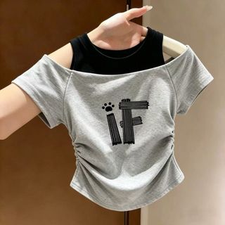 Áo thun bé gái lệch vai giả 2 lớp mùa hè - áo nhún eo in hình dễ thương phong cách Hàn Quốc