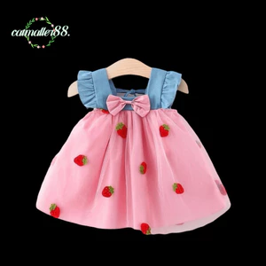 CATMALLER88 Áo Vest Trẻ Em, Đầm Nơ Ngọt Ngào Thêu Dâu Cho Bé Gái Mùa Hè, Đầm Công Chúa Không Tay Dễ Thương Quần Áo Trẻ Em