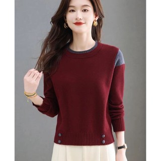 Áo len nữ tay dài cổ tròn màu đỏ, dệt kim mỏng, phong cách Hàn Quốc
