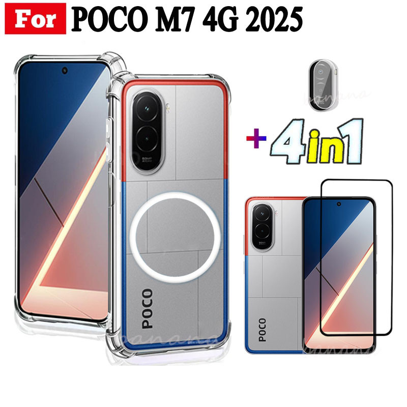 Ốp điện thoại chống sốc TPU trong suốt Xiaomi Poco M7 4G có thanh sạc không dây từ tính cho Poco C85 C75 Kính cường lực bảo mật chống gián điệp + Phim ống kính