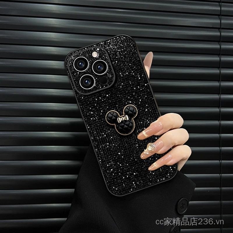 Mickey đen Thích hợp cho iPhone16 17 15 14 13 12 11 Ốp điện thoại kim cương lấp lánh