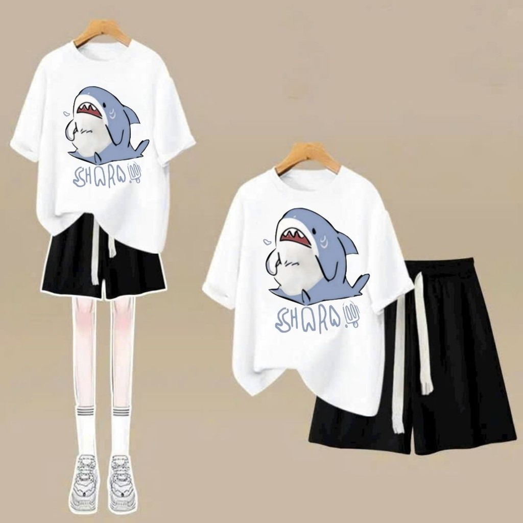 Sét đồ quần đùi cộc + kết hợp áo phông form rộng unisex nam nữ  thời thượng cá mập