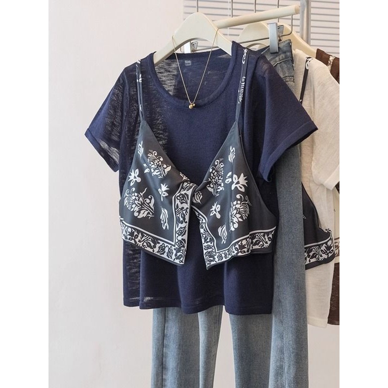 Milyfashion Áo Hai Mảnh Màu Sắc Tương Phản, Khâu Giả, Tay Ngắn, Size Lớn - Thời Trang Cho Nữ