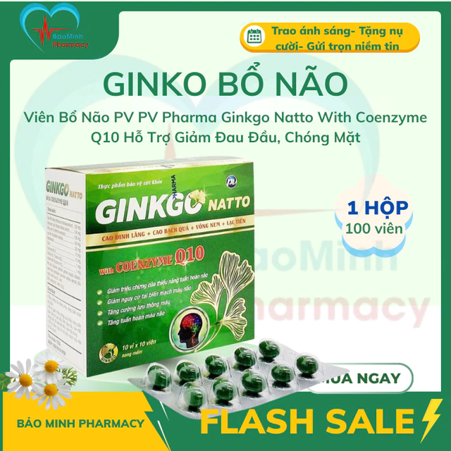 Viên Bổ Não PV PV Pharma Ginkgo Natto With Coenzyme Q10 Hỗ Trợ Giảm Đau Đầu, Chóng Mặt 100 Viên/Hộp