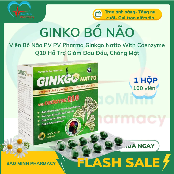 Viên Bổ Não PV PV Pharma Ginkgo Natto With Coenzyme Q10 Hỗ Trợ Giảm Đau Đầu, Chóng Mặt 100 Viên/Hộp
