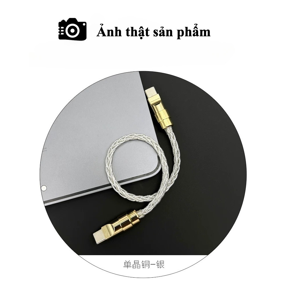 Dây Cáp Sạc Nhanh 60W PD Type C - Ngắn 25cm - Đầu Đồng Phủ Crom Vàng Bóng - Dây bện 8 sợi