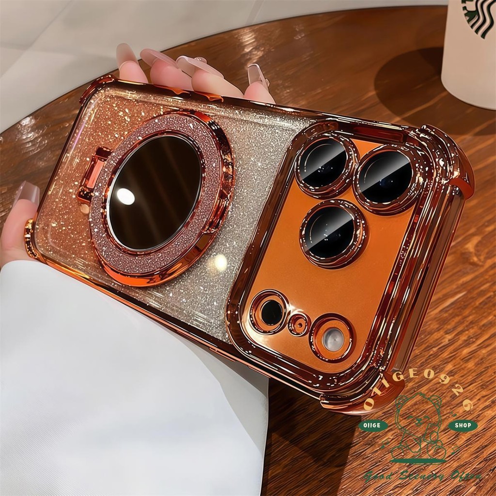 【 Ốp lưng iPhone17 】 Giá đỡ gương lấp lánh mạ màu cam Vỏ điện thoại từ tính iphone17 Pro Max 16 15 14 13 12 cho vỏ iPhone Vỏ mềm silicon TPU chống sốc