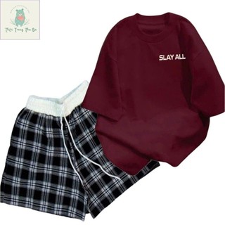 sét bộ quần đùi cộc kẻ caro cạp chun màu trắng +mix áo phông form rộng-chữ SỜ LÂY A L L -