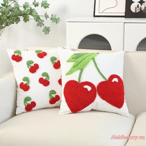 Vỏ đệm dễ thương Vỏ gối ngày lễ thêu hoa anh đào màu đỏ và xanh lá cây cho ghế Sofa