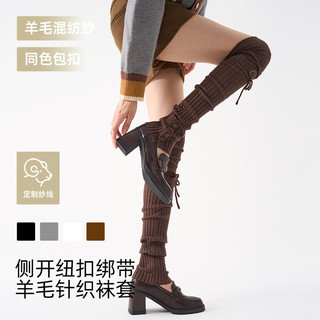 [Tất nữ oklife] Miếng đệm đầu gối có dây buộc nút đầu thu 2025 Slimer Look Pile Leg Covers All-Match Vertical Striped Wool Over @
