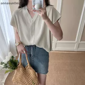 Áo dệt kim ngắn tay AA V-Ne dành cho nữ mùa hè Áo len Cardigan ngắn đơn giản màu trơn VN