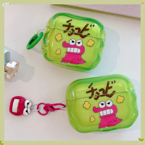 Hộp đựng tai nghe có mặt dây chuyền cho Airpods 4 Pro 3 2 Thiết kế cạnh sóng Crayon Shin-chan TOHATO Phim hoạt hình màu xanh lá cây TPU mềm chống sốc Tai nghe không dây Vỏ bảo vệ Vỏ chống thất lạc