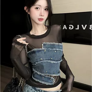 Mỹ Cao Cấp Denim Đinh Tán Khâu Gạc Áo Thun Nữ Hot Girl Retro Thời Trang Gợi Cảm Top