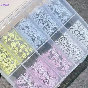 SAIA Nail Foils, Đề can chuyển móng tay ren hoa, Giấy chuyển móng tay màu xanh hồng trắng DIY Làm móng tay