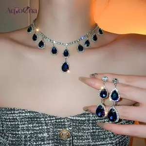 AqToCna Sang Trọng Nelace Bông Tai Nữ Xanh Đậm Pha Lê Bông Tai Cưới Cô Dâu Bộ Trang Sức AqToCna