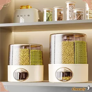 Hộp đựng thực phẩm CHEESELY, Hộp kín trong suốt 6 ngăn chống ẩm, Xoay 360° đa năng cho gạo