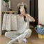 Bộ ba món đồ ngủ áo ngắn tay, quần đùi và quần dài; trang phục ở nhà ngọt ngào, cổ bẻ rộng, viền ren xinh xắn