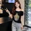 Mùa hè 2026 Phong cách mới Hot-Rhinestone in hình cổ áo thun ngắn tay dành cho nữ Thiết kế cảm giác thon gọn hơn khi đi làm