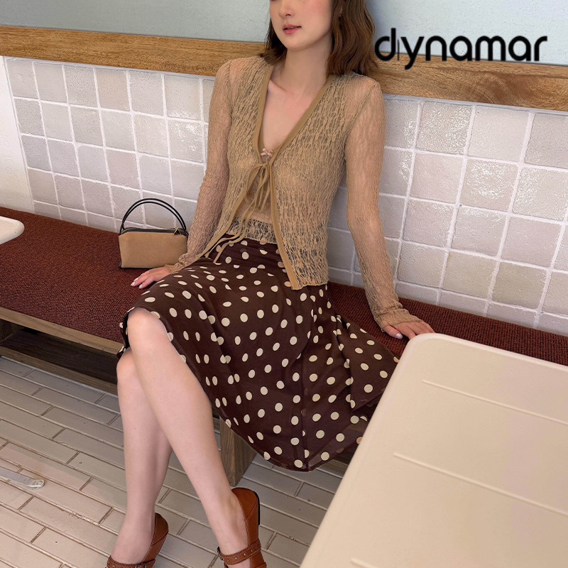 【dynamar】Chân Váy Voan Chấm Bi Vạt Chéo Vintage Nữ, Váy Voan Chấm Bi Nâu Dáng Xòe Hàn Quốc