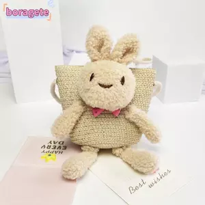 Túi xách trẻ em BORAGETE, Túi rơm Mini hình thỏ hoạt hình có dây kéo, Ví đựng tiền xu dệt thủ công Đạo cụ ảnh Giỏ lưu trữ