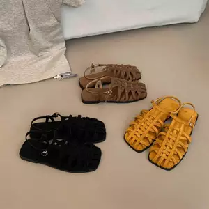 TT Rỗng Dệt La Mã Dép Nữ Mùa Hè Dép Dép Flat Thoáng Khí Giày Thường Khóa Phẳng Giày Đi Biển