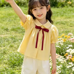 Bé gái (80-140) Áo ngắn tay cổ búp bê mùa hè Phong cách ngọt ngào Tay phồng nơ phong cách Preppy