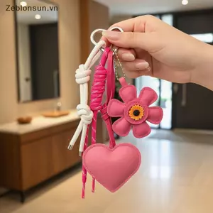 # HB # Da PU Trái Tim Túi Hoa Móc Khóa Vintage Handmade Boho Charm Mặt Dây Chuyền Cho Bapa Ví Nữ Phụ Kiện Quà Tặng.
