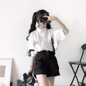 Đơn / Bộ Đồ Polo Cổ Áo Sơ Mi Tay Ngắn In Hình + Quần Lót Rộng Quần Short Phong Cách BF Bộ Đồ Mùa Hè Nữ Học Sinh
