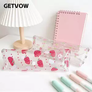 Bút chì GETVOW, Túi đựng bút loại nút bấm trong suốt, Túi đựng văn phòng phẩm PVC dâu tây / anh đào chất lượng cao Văn phòng học