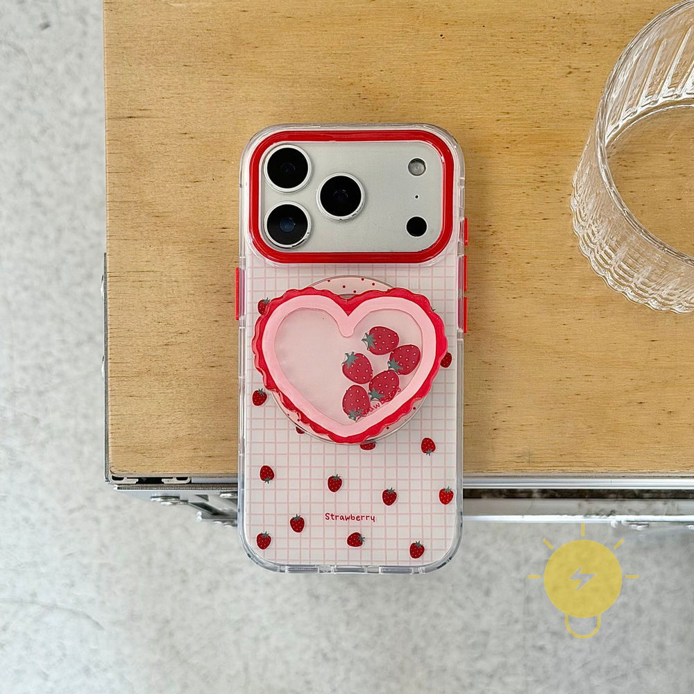 Phone Case For iPhone 17 Pro Max 16 15 14 13 TPU Magnetic Grid Strawberry Aesthetic Korean Cute