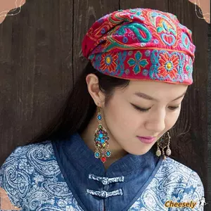 Mũ len hoa cổ điển, Mũ xếp thêu dân tộc, Mũ che tóc phong cách Mexico thoáng khí thời trang cổ điển dành cho nữ