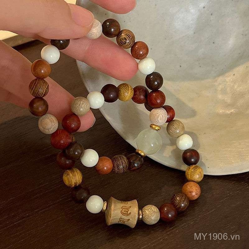 Vòng tay gỗ nhiều hạt thơm, phong cách mới và dân tộc với cườm đính kết đẹp mắt