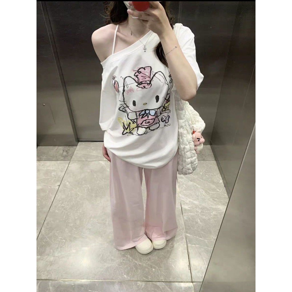 Milyfashion Fun kitty In Hình Slanted Vai Áo Thun Tay Ngắn Mùa Hè Phong Cách Mới Rời Tinh Khiết Desire Top Quần Áo Nữ