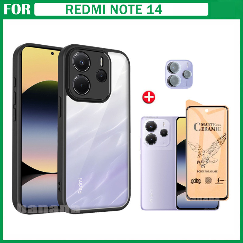 Ốp điện thoại 3 trong 1 Redmi Note 14 Bảo vệ chống rơi mờ với kính cường lực bảo vệ màn hình và màng ống kính cho Redmi Note 14 5G Note 14S Note 13 Pro 4G