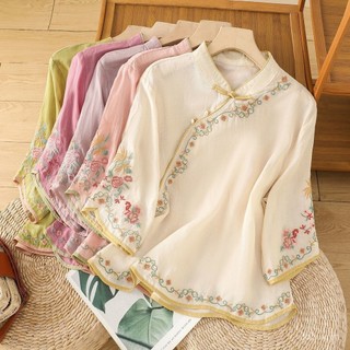Mới! Áo sơ mi nữ phong cách Trung Quốc retro, thêu tay từ cotton và vải lanh, phù hợp cho mùa hè.