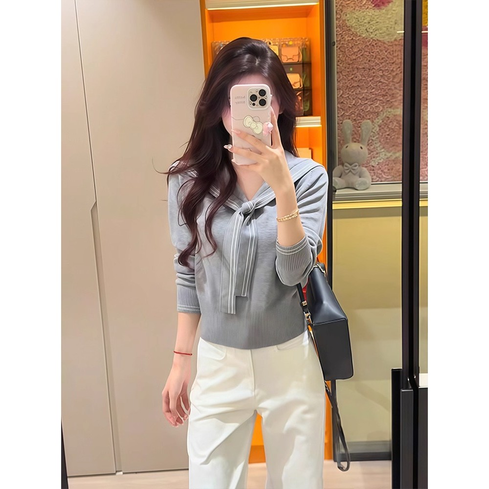 Áo Len Cổ Hải Quân Nữ - Phong Cách Hàn Quốc Preppy Spring/Autumn, Slim-Fit Ôm Eo
