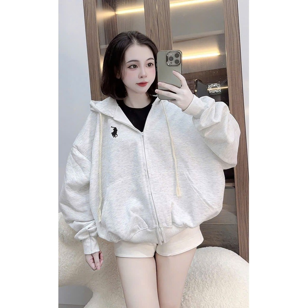 Áo khoác nỉ có khoá kéo form rộng mũ 2 lớp unisex nam nữ- hình thêu con ngựa ở ngực