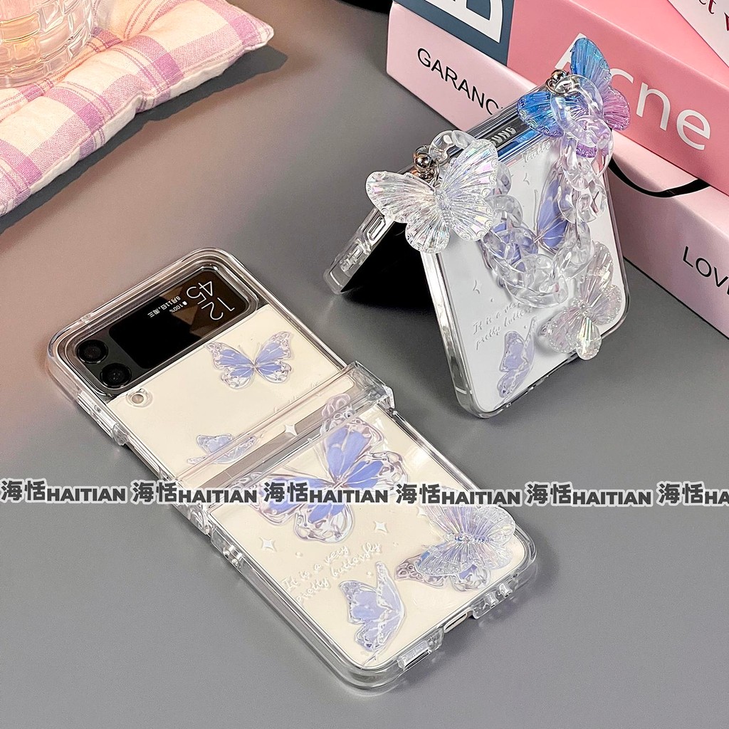 Ốp Điện Thoại Thích Hợp Cho Samsung Galaxy ZFlip7 Vòng Tay Bướm Xanh 3D Trong Suốt Cho ZFlip 7 6 5 4 3 5G Dây Có Thể Gập Lại Vỏ Bảo Vệ Cứng
