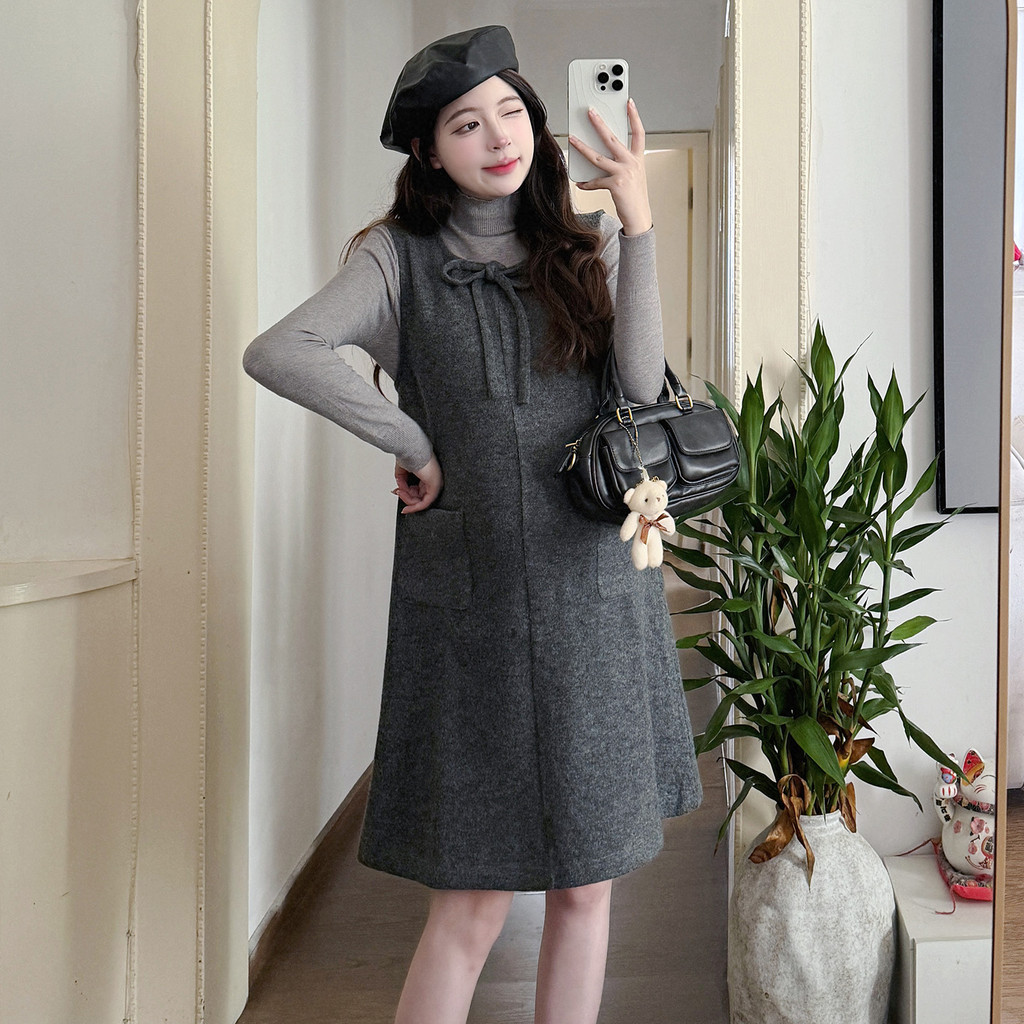 Bộ đồ bà bầu Thu Đông Nơ Váy len buộc dây Bộ đồ hai mảnh
