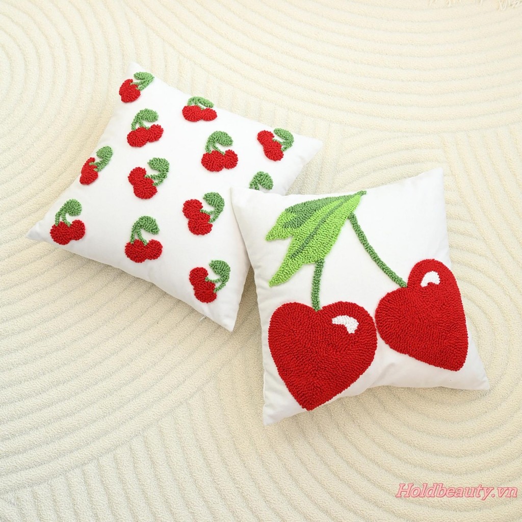 Vỏ đệm dễ thương Vỏ gối ngày lễ thêu hoa anh đào màu đỏ và xanh lá cây cho ghế Sofa