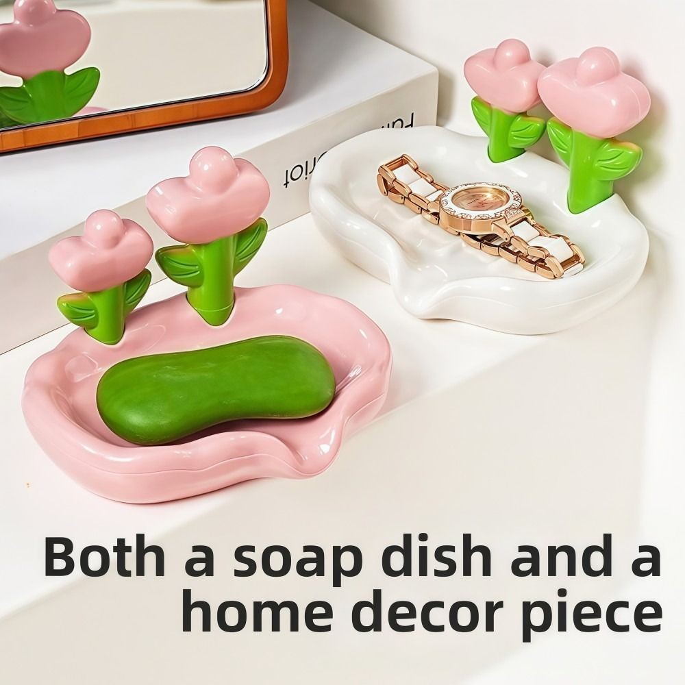 Đĩa xà phòng thoát nước YRBWDYZDH, Thiết kế hoa Tulip với khay đựng xà phòng máng thoát nước, chống trượt Không cần khoan Giá đựng xà phòng màu trơn Trang trí phòng tắm tại nhà