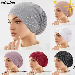 Mũ trùm đầu nữ NICOLOO, Vỏ bọc đầu thoáng khí bằng kim cương đính đá, Rụng tóc thoải mái Mũ Turban mượt mà Du lịch