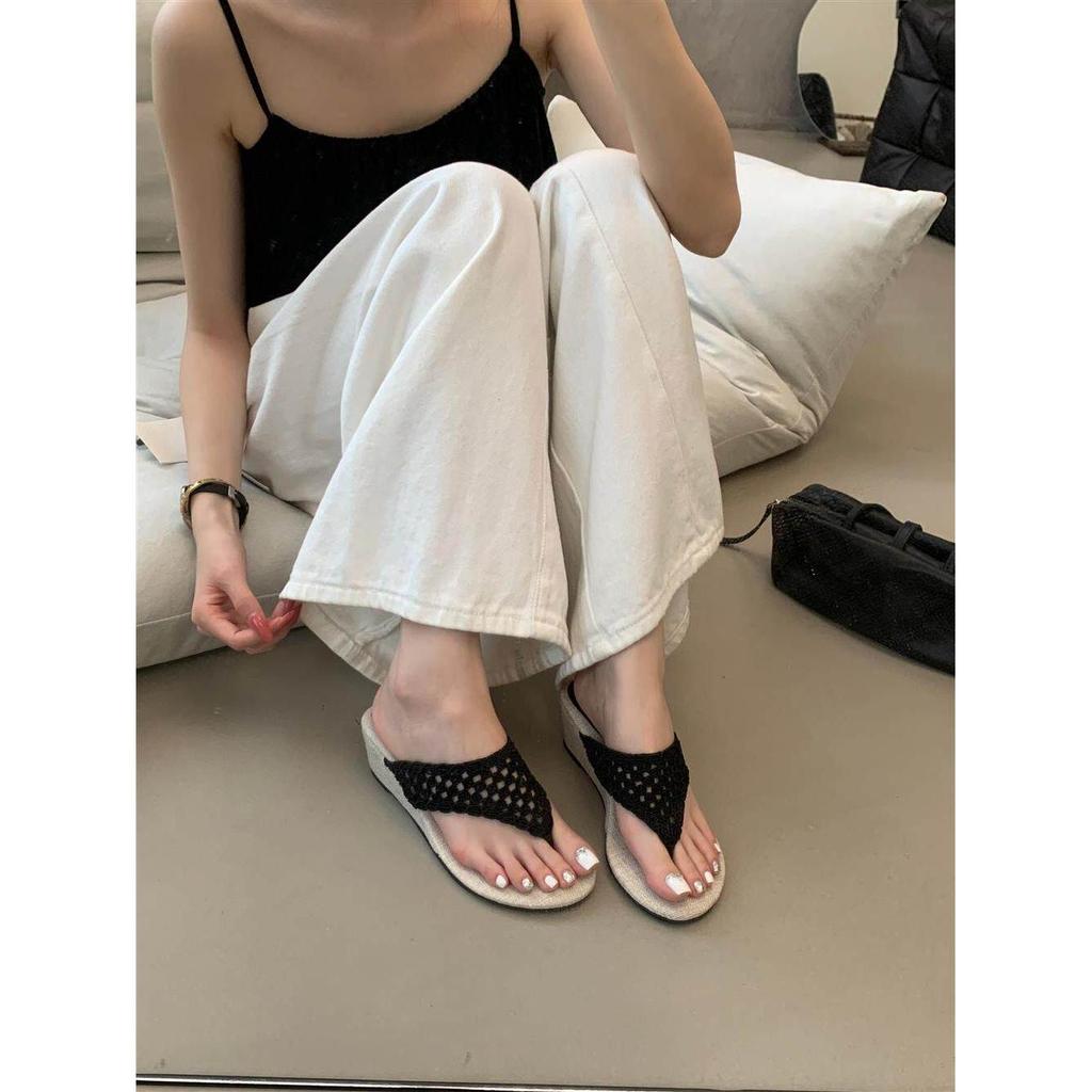 TT Mùa Hè Dệt Rỗng Nêm Gót Lật-Flops Nữ Cao Chống Trơn Trượt Đế Mềm Thoải Mái Cát