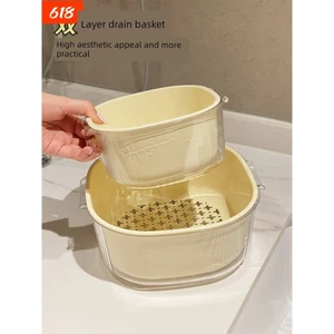 Chậu Rửa Rau Củ Hai Lớp Giỏ Thoát Nước Đồ Dùng Nhà Bếp Phòng Khách Bàn Cà Phê Hộ Gia Đình Đĩa Trái Cây Giỏ Chậu Rửa Rau